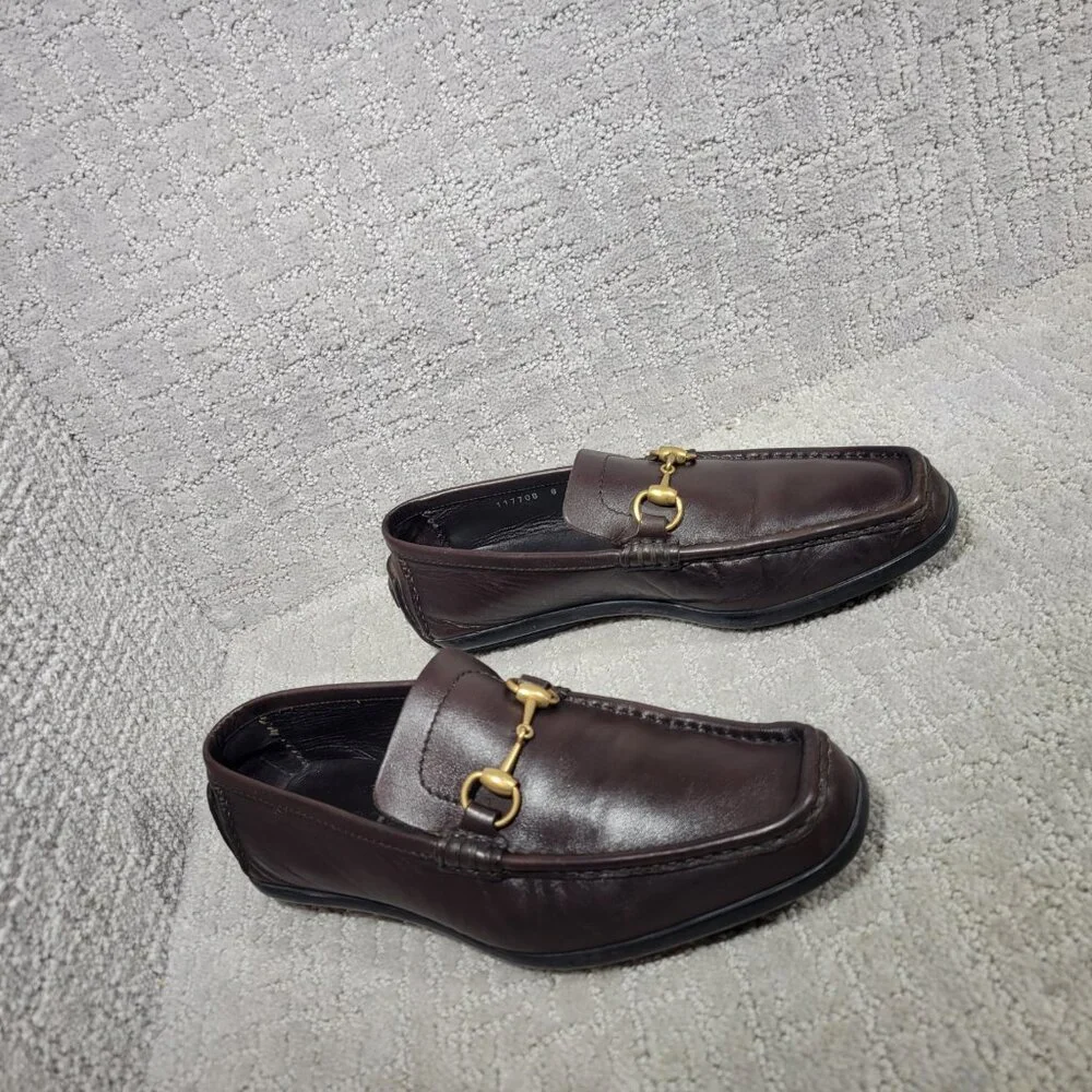 Gucci 101133 Mens Size US 8D Dark Brown Leather Gold Horsebit Driving Loafers - Picture 9 of 13